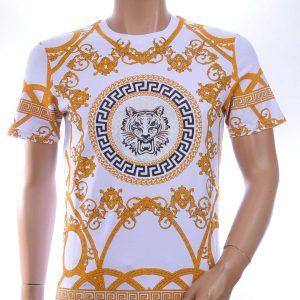 LES DESIGNERS Trendy Ronde hals Heren T-Shirt met Tijgerkop en Steentjes - Wit