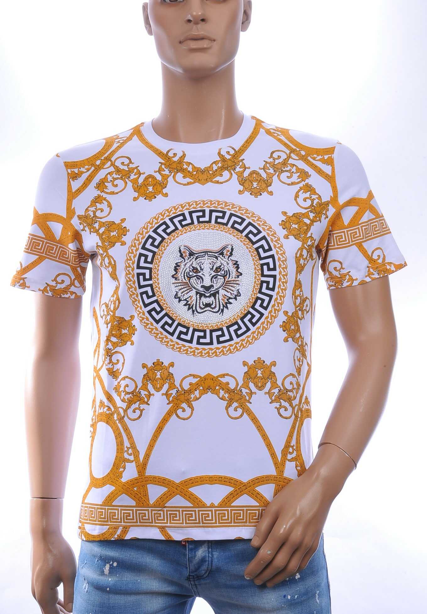 LES DESIGNERS Trendy Ronde hals Heren T-Shirt met Tijgerkop en Steentjes - Wit