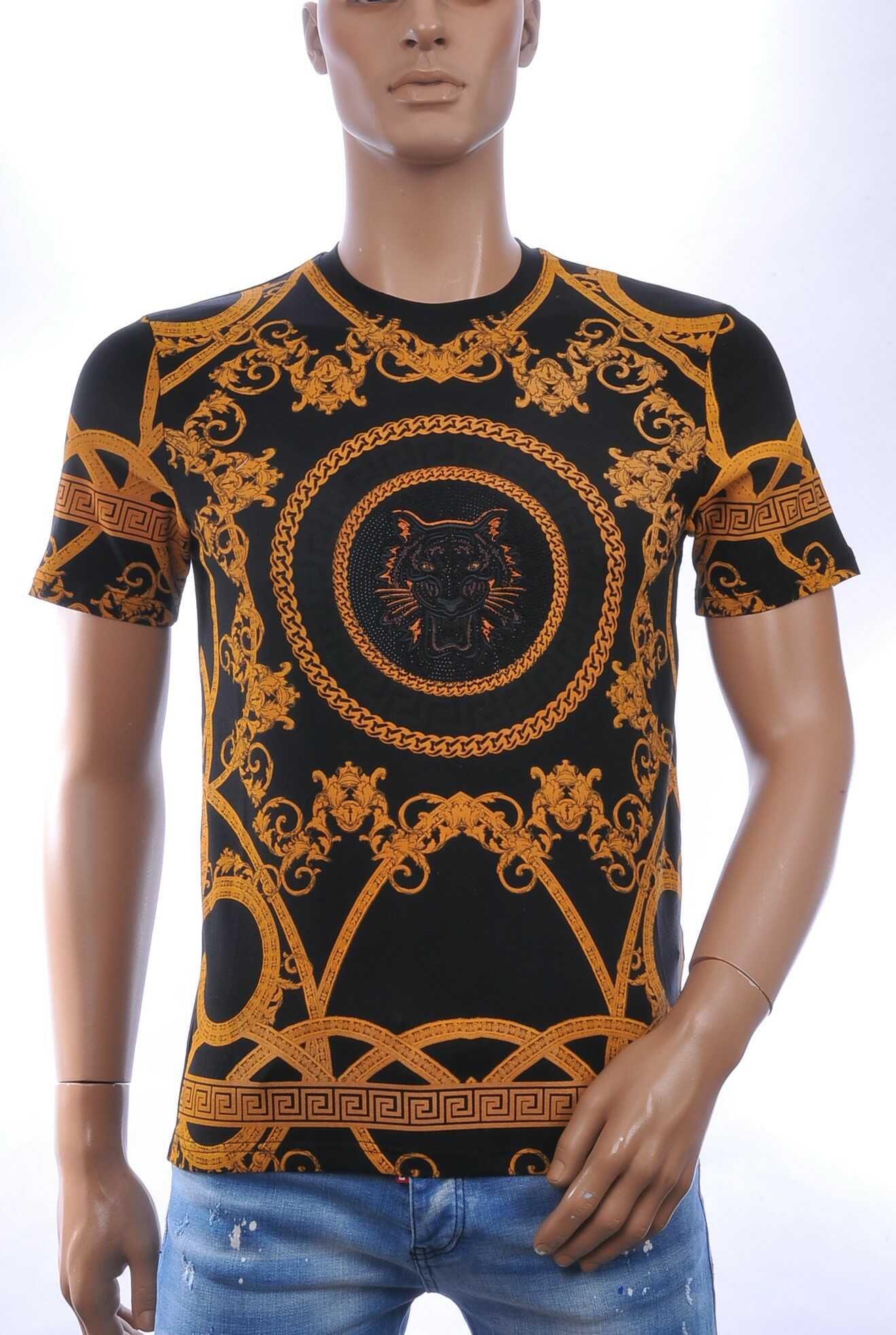 LES DESIGNERS Trendy Ronde hals Heren T-Shirt met Tijgerkop en Steentjes - Zwart