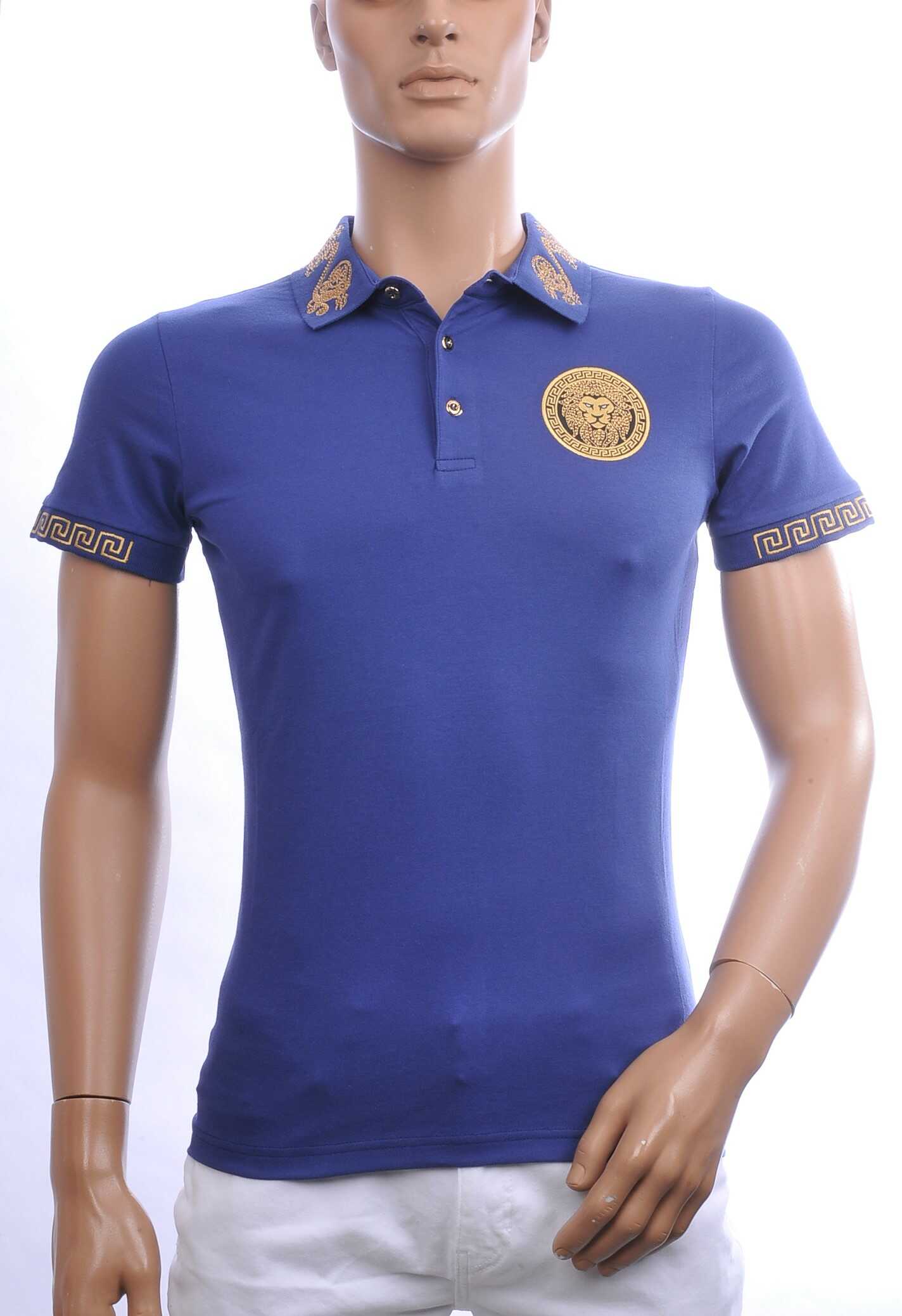 MARI CAVANI Heren Polo T-shirt met Leeuwenkop Badge met Steentjes – Kobalt Blauw