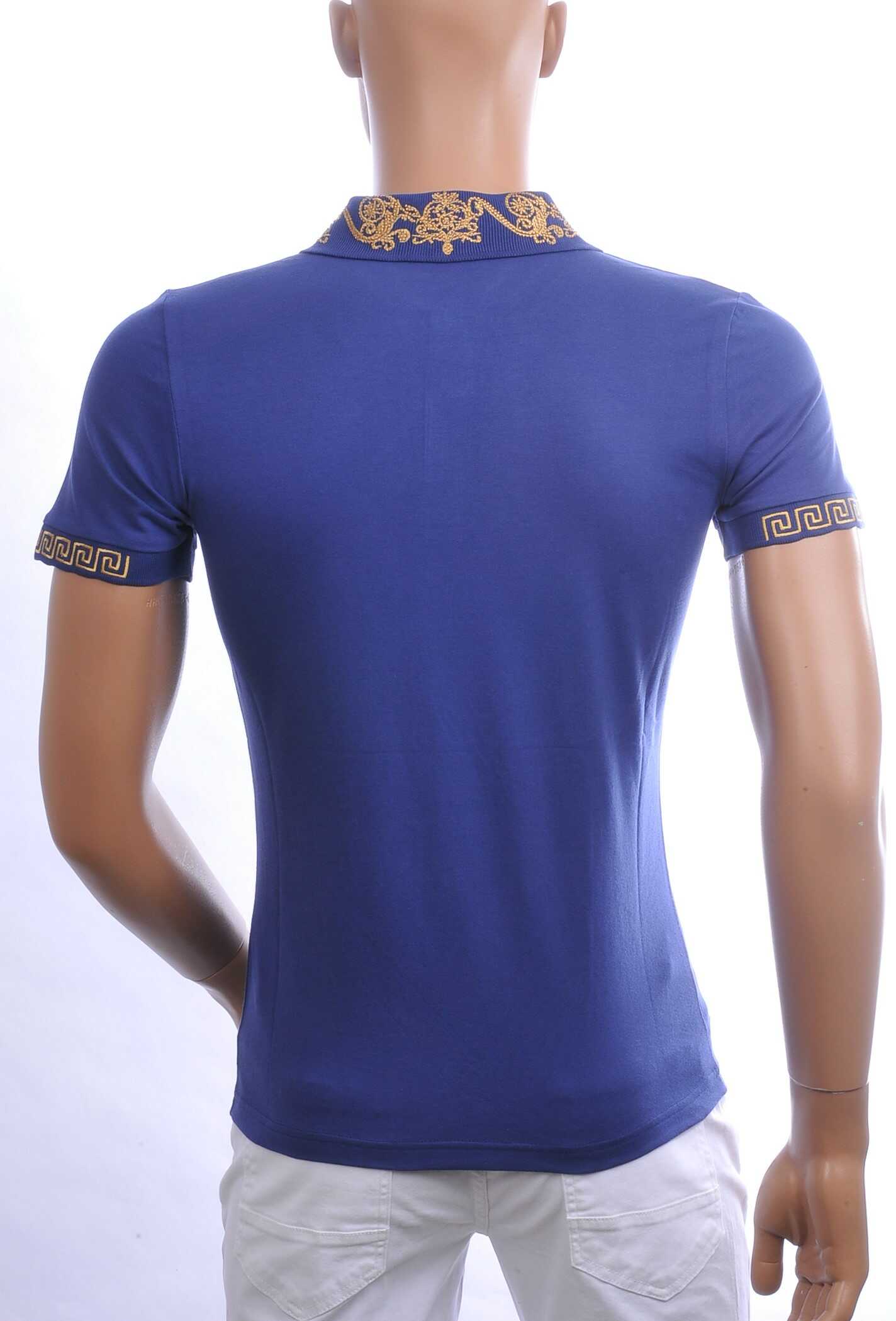 MARI CAVANI Heren Polo T-shirt met Leeuwenkop Badge met Steentjes – Kobalt Blauw