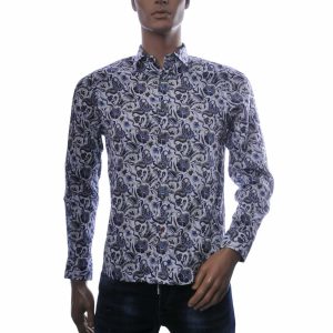 CORRINO Italiaans Slim Fit Heren Overhemd met Allover Paardenbloem Print – Navy Blauw