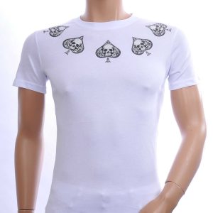 By Bugotti Trendy Slim Fit Ronde Hals Heren Skull T-Shirt met Zilveren Steentjes – Wit