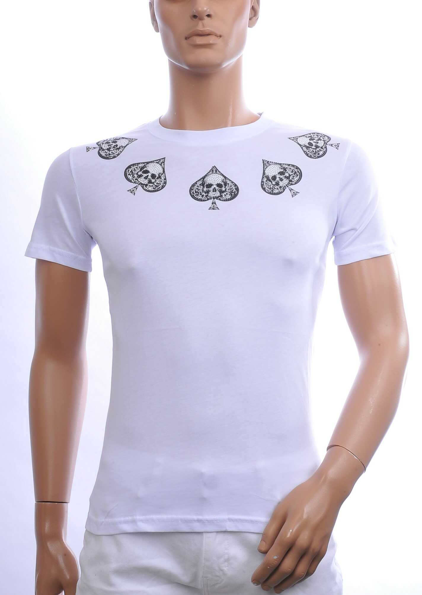 By Bugotti Trendy Slim Fit Ronde Hals Heren Skull T-Shirt met Zilveren Steentjes – Wit