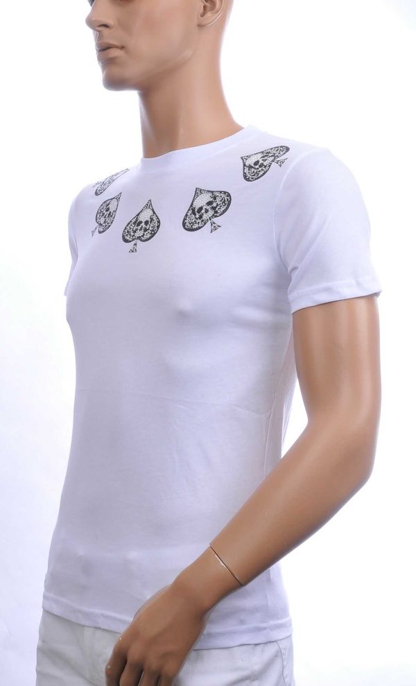 By Bugotti Trendy Slim Fit Ronde Hals Heren Skull T-Shirt met Zilveren Steentjes – Wit