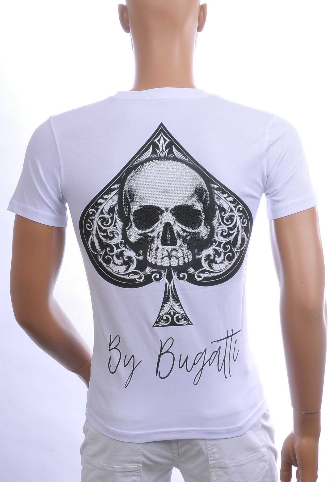 By Bugotti Trendy Slim Fit Ronde Hals Heren Skull T-Shirt met Zilveren Steentjes – Wit