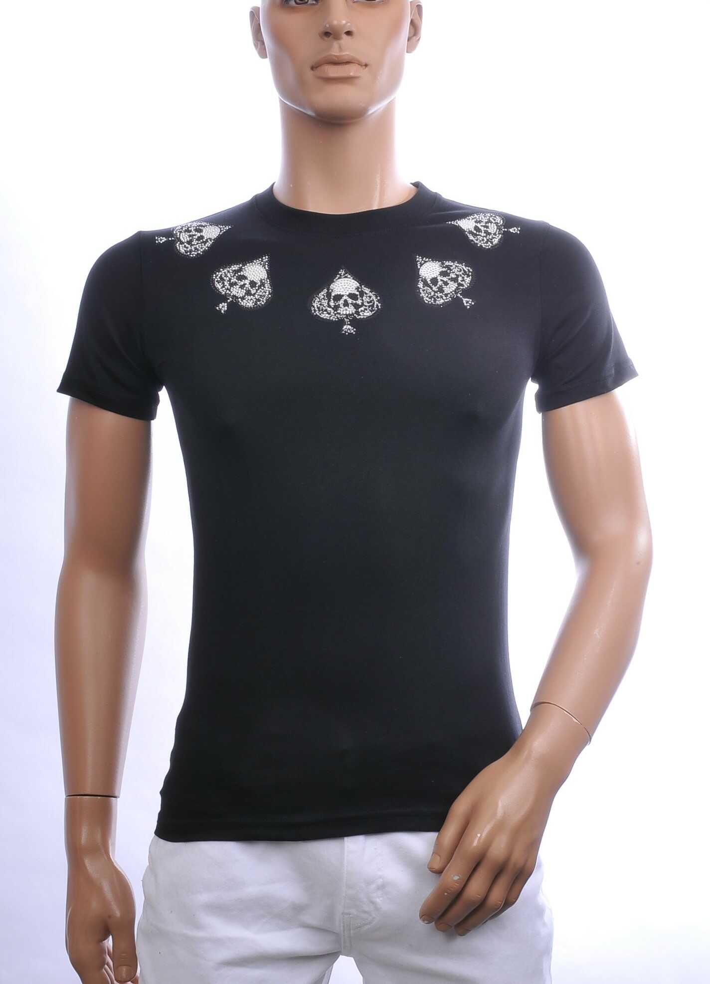 By Bugotti Trendy Slim Fit Ronde Hals Heren Skull T-Shirt met Zilveren Steentjes – Zwart