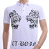 Ci-Borg Trendy Heren Polo T-Shirt met Tijgerkop Print Met Zilver Steentjes - Wit | Modieus en Comfortabel