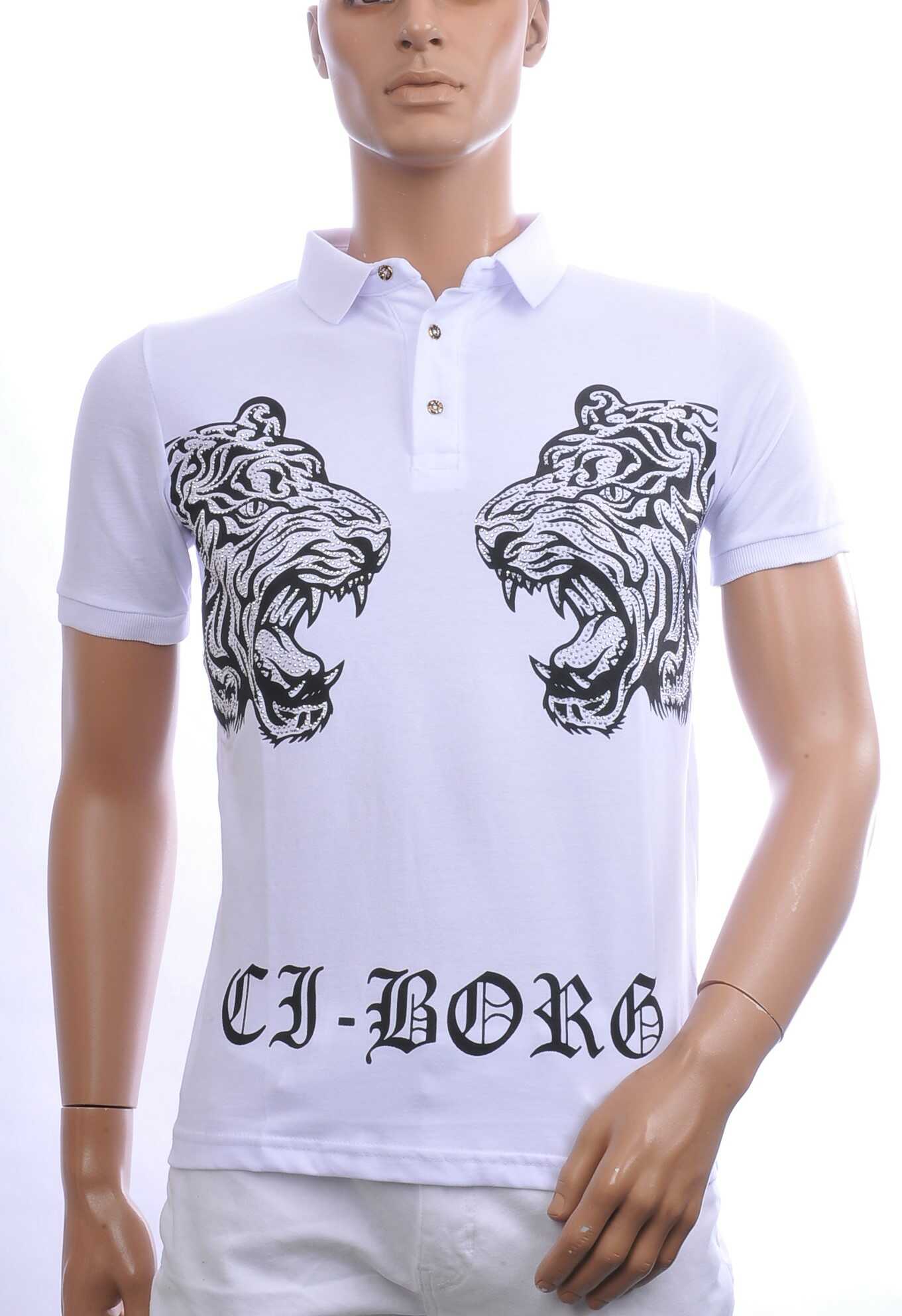 Ci-Borg Trendy Heren Polo T-Shirt met Tijgerkop Print Met Zilver Steentjes - Wit | Modieus en Comfortabel