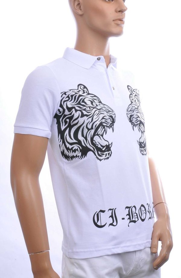 Ci-Borg Trendy Heren Polo T-Shirt met Tijgerkop Print Met Zilver Steentjes - Wit | Modieus en Comfortabel