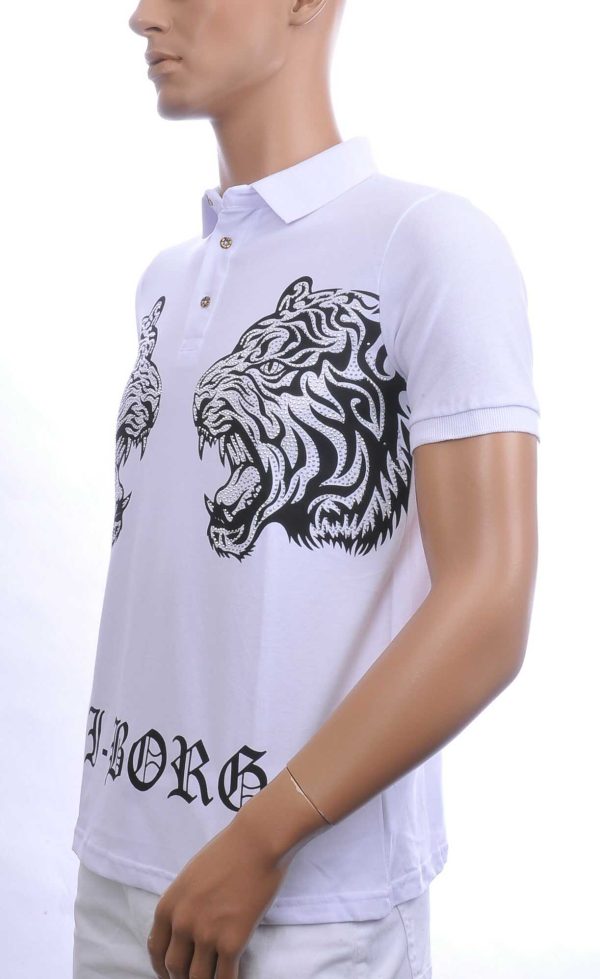 Ci-Borg Trendy Heren Polo T-Shirt met Tijgerkop Print Met Zilver Steentjes - Wit | Modieus en Comfortabel