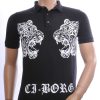 Ci-Borg Trendy Heren Polo T-Shirt met Tijgerkop Print Met Zwart Steentjes - Zwart | Modieus en Comfortabel