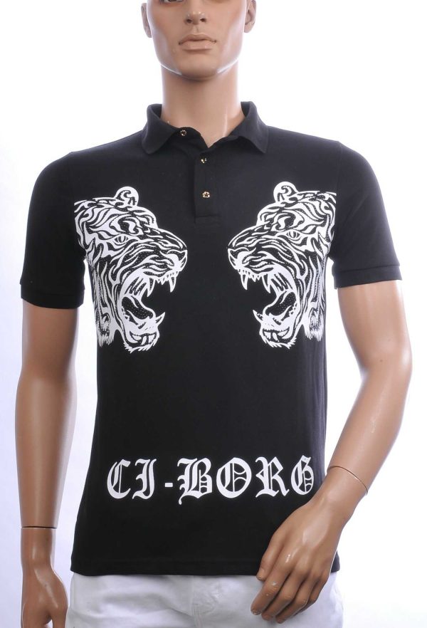 Ci-Borg Trendy Heren Polo T-Shirt met Tijgerkop Print Met Zwart Steentjes - Zwart | Modieus en Comfortabel