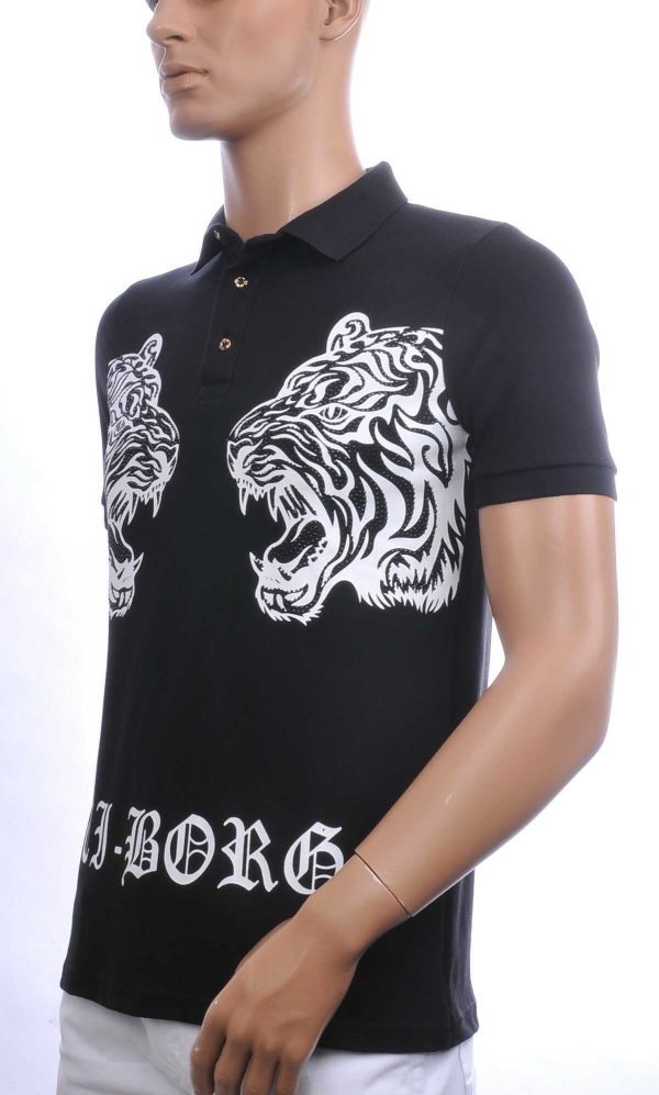 Ci-Borg Trendy Heren Polo T-Shirt met Tijgerkop Print Met Zwart Steentjes - Zwart | Modieus en Comfortabel