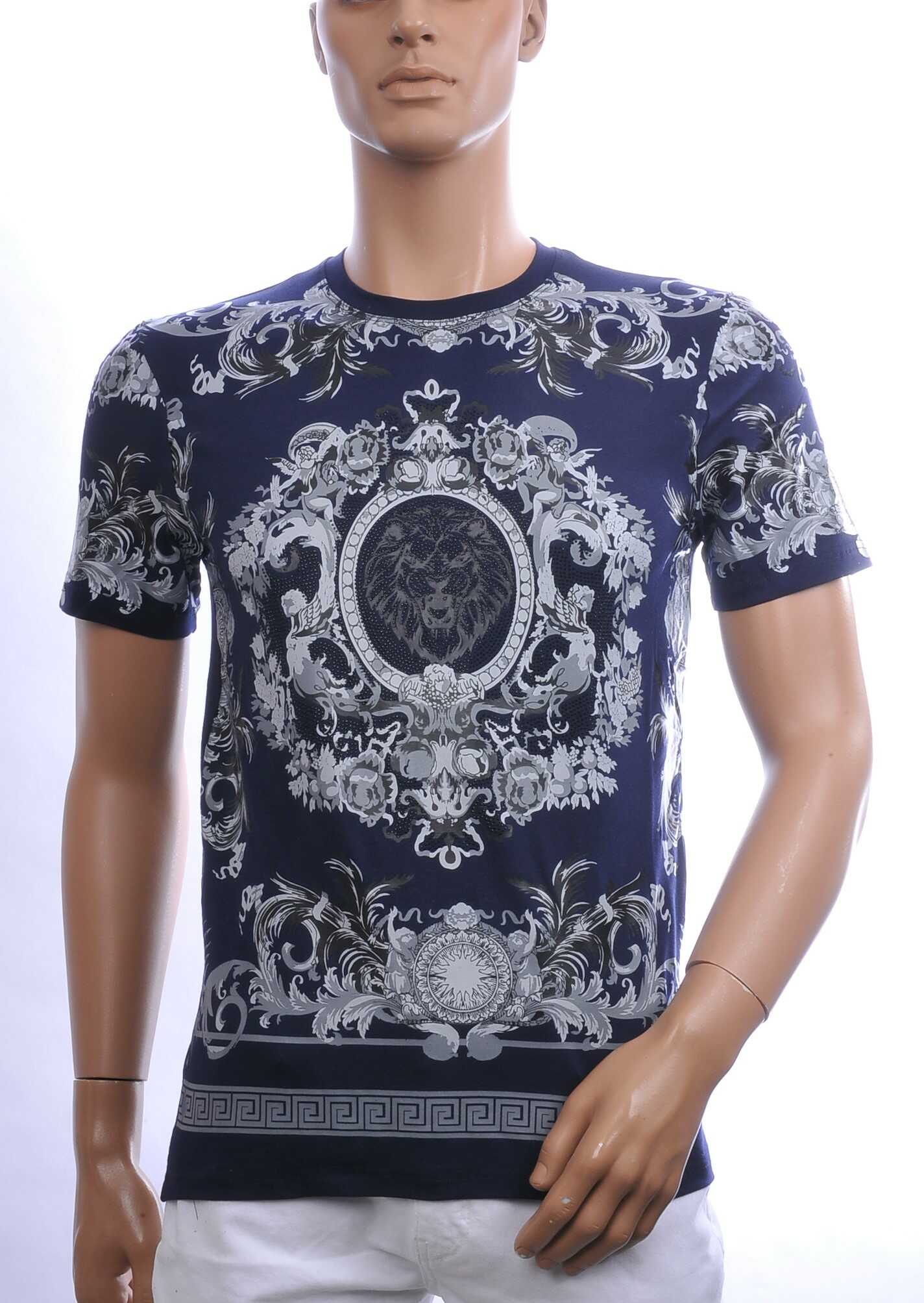 Les Designers Trendy Ronde Hals Heren T-shirt met Leeuwenkop Print Met Steentjes – Navy