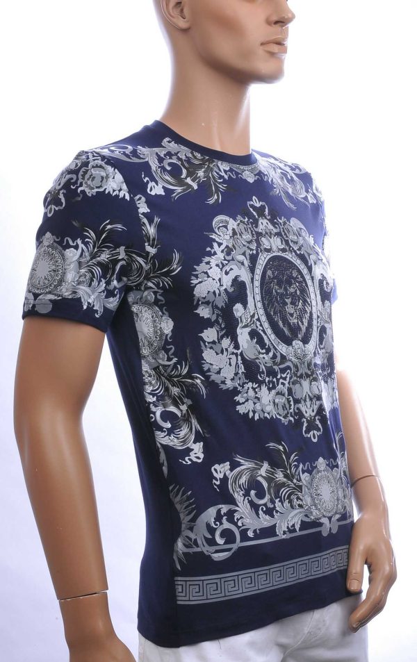 Les Designers Trendy Ronde Hals Heren T-shirt met Leeuwenkop Print Met Steentjes – Navy