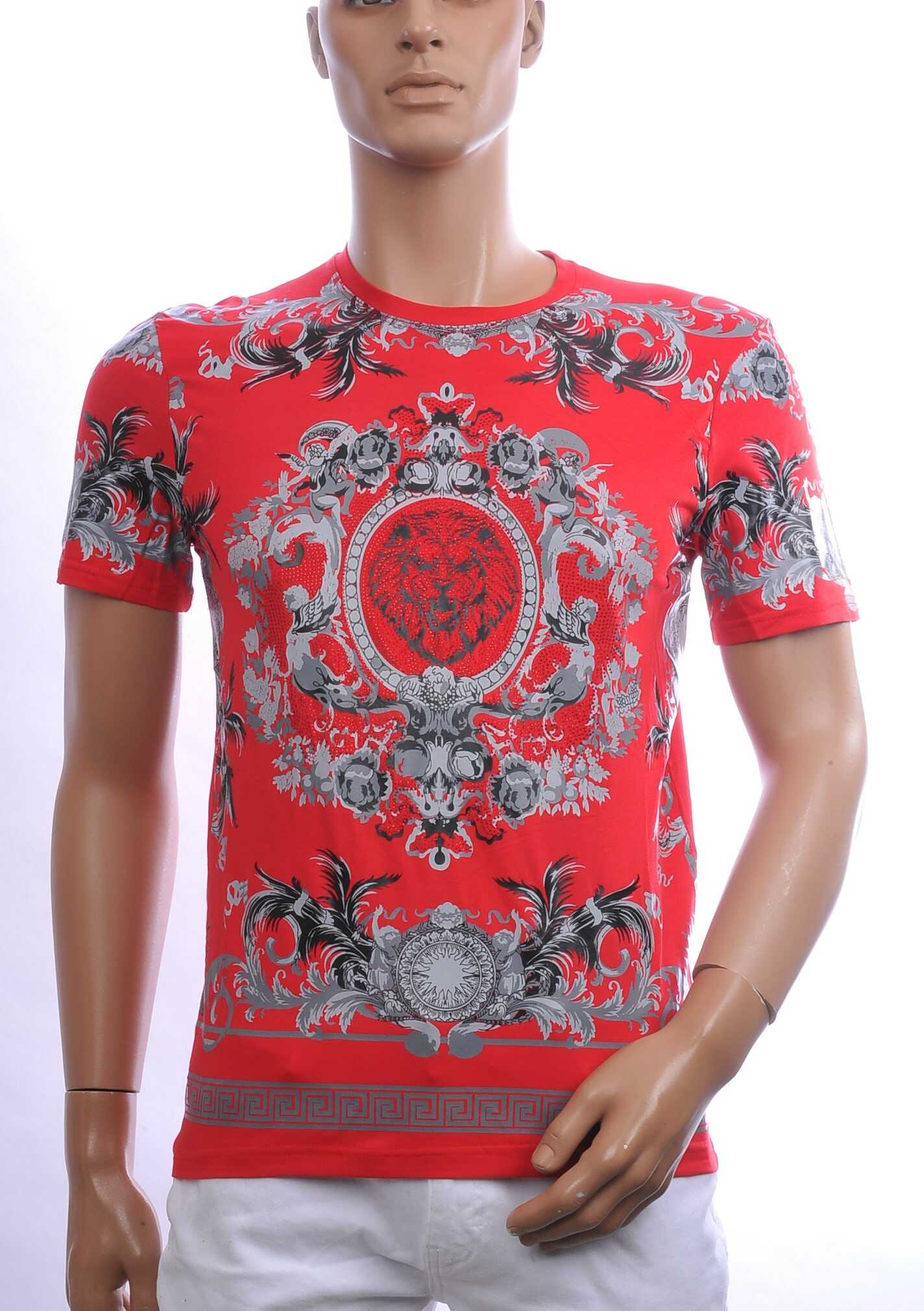 Les Designers Trendy Ronde Hals Heren T-shirt met Leeuwenkop Print Met Steentjes – Rood