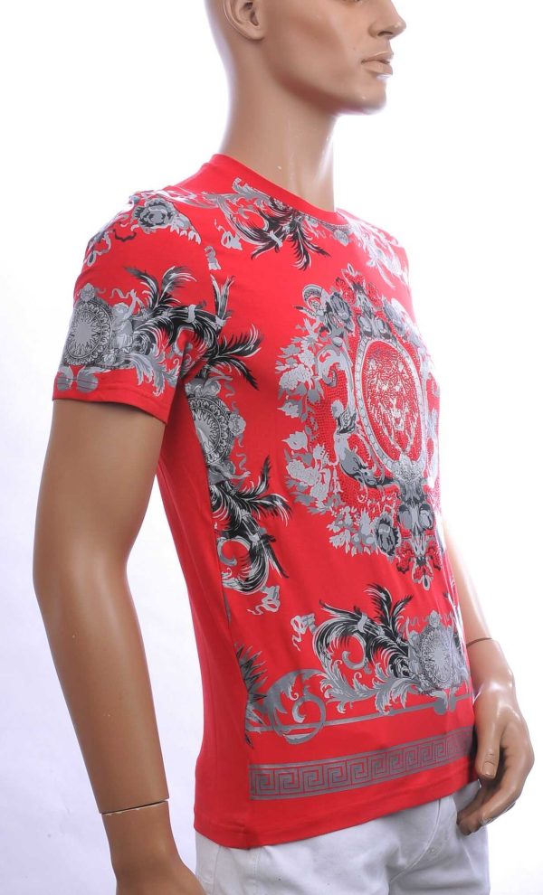 Les Designers Trendy Ronde Hals Heren T-shirt met Leeuwenkop Print Met Steentjes – Rood