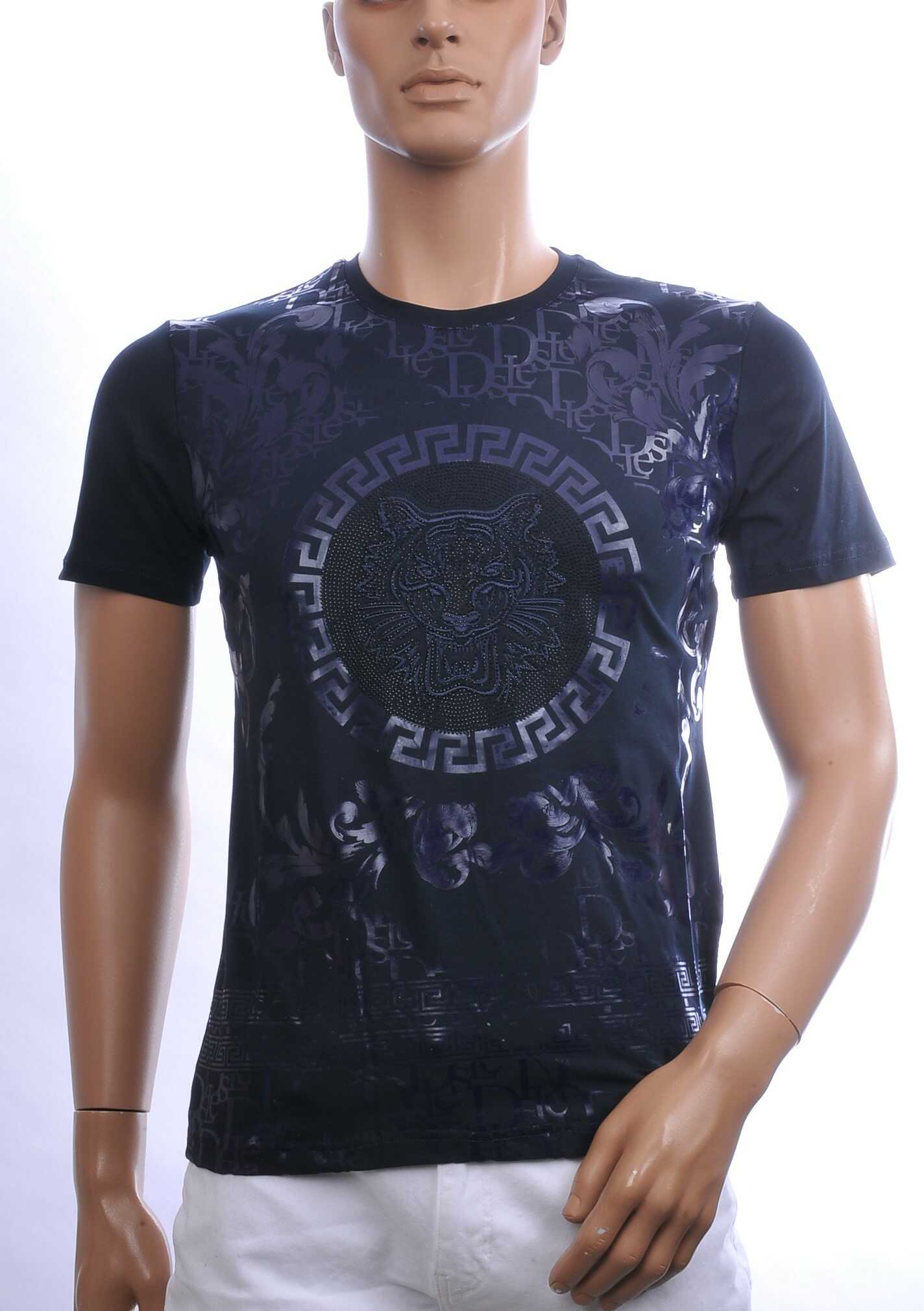 Les Designers Trendy Ronde Hals Heren T-shirt met Geborduurde Tijgerkop en Steentjes – Navy