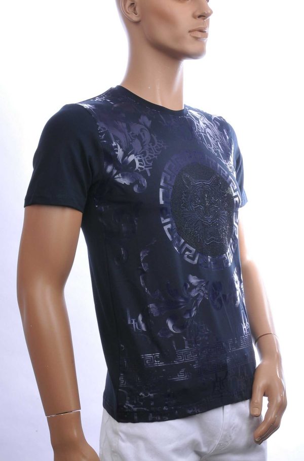 Les Designers Trendy Ronde Hals Heren T-shirt met Geborduurde Tijgerkop en Steentjes – Navy