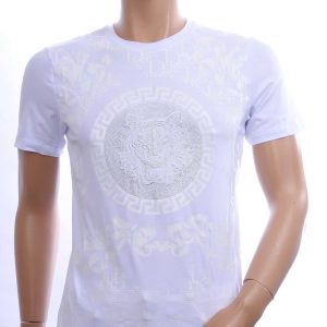 Les Designers Trendy Ronde Hals Heren T-shirt met Geborduurde Tijgerkop en Steentjes – Wit