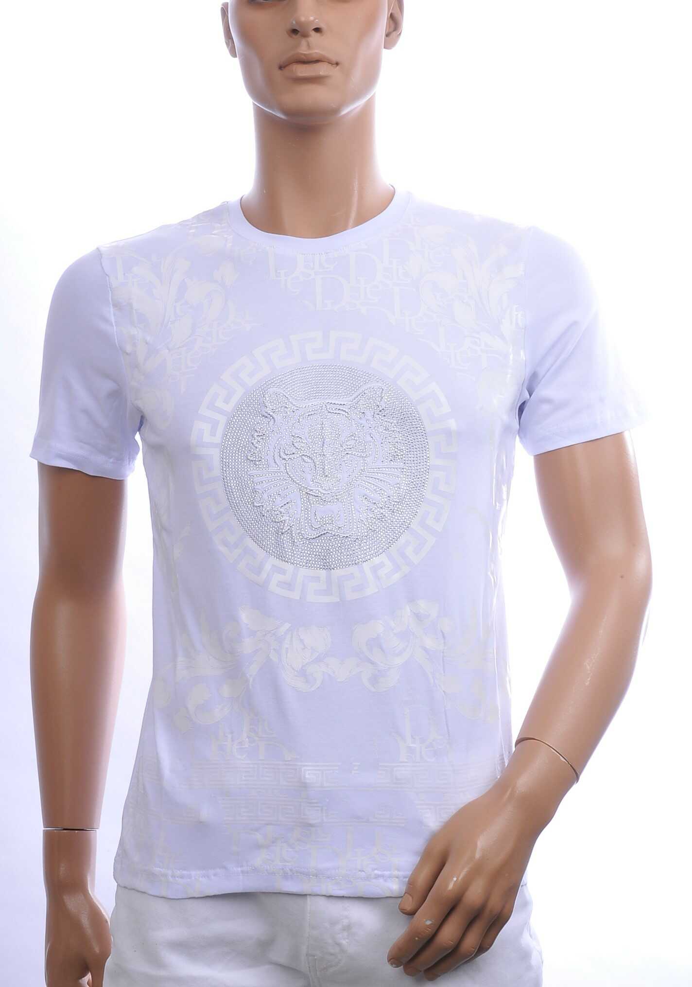 Les Designers Trendy Ronde Hals Heren T-shirt met Geborduurde Tijgerkop en Steentjes – Wit