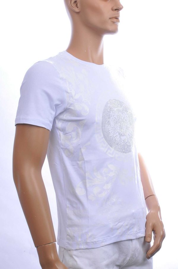 Les Designers Trendy Ronde Hals Heren T-shirt met Geborduurde Tijgerkop en Steentjes – Wit
