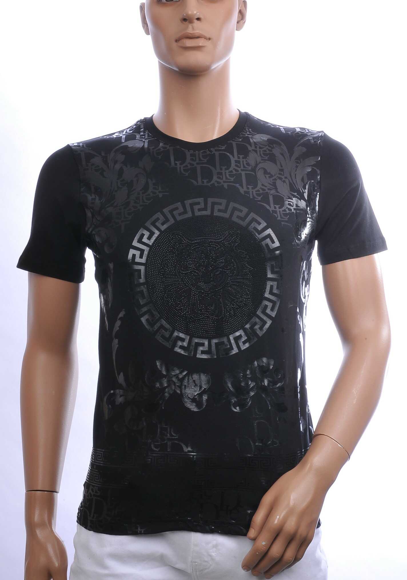 Les Designers Trendy Ronde Hals Heren T-shirt met Geborduurde Tijgerkop en Steentjes – Zwart