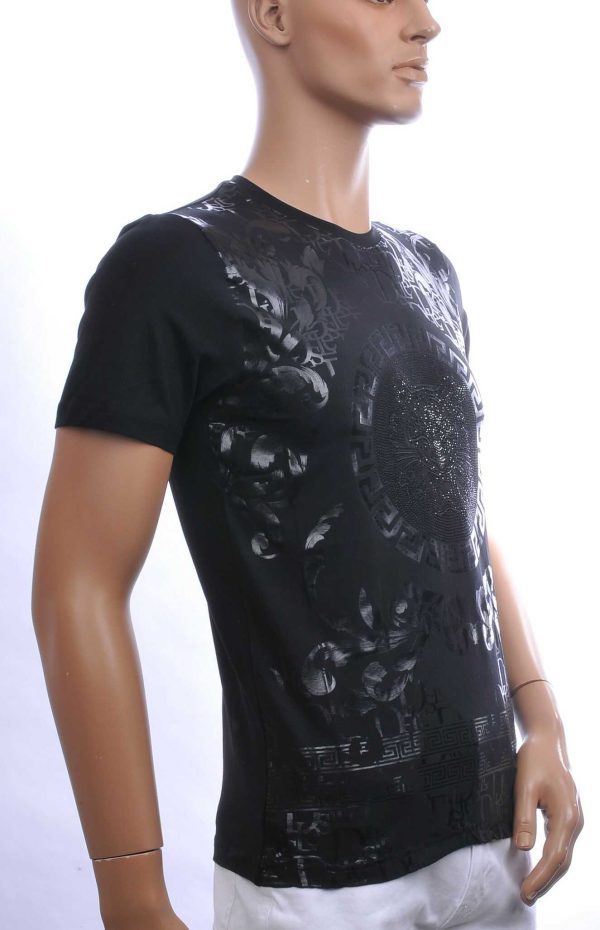 Les Designers Trendy Ronde Hals Heren T-shirt met Geborduurde Tijgerkop en Steentjes – Zwart