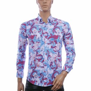 BIBLOS UOMO Slim Fit Allover Cartoon Print Heren Overhemd – Blauw/Rood/Wit