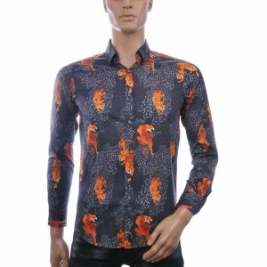 BIBLOS UOMO Slim Fit Allover Tijger Print Heren Overhemd – Donkerblauw/Oranje