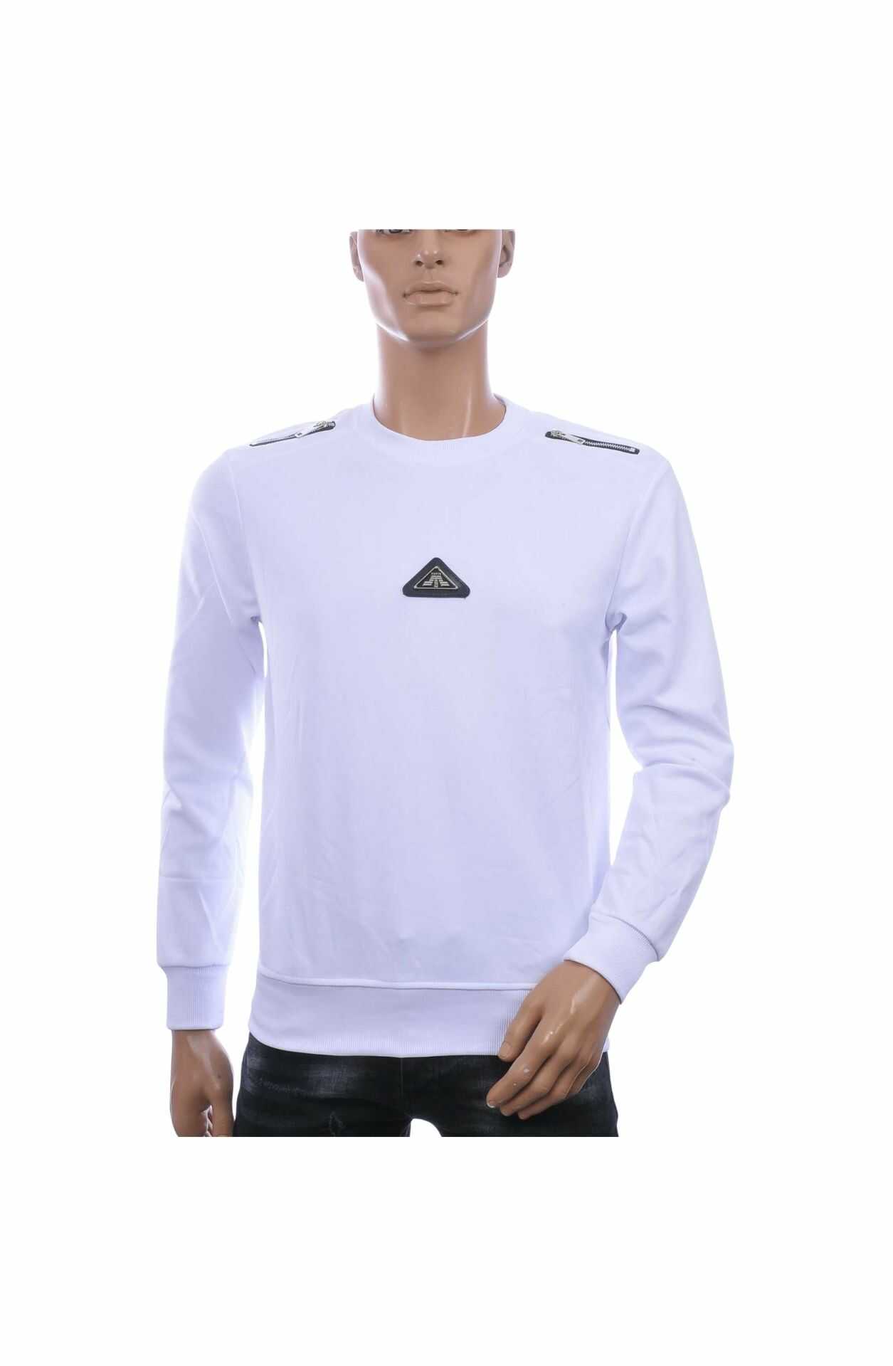 🖤 FLEX-STYLE Trendy Ronde Hals Heren Sweatshirt met Sierritsen – Wit