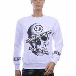 FLEX-STYLE Trendy Ronde Hals Heren Sweatshirt met Skull Print – Wit
