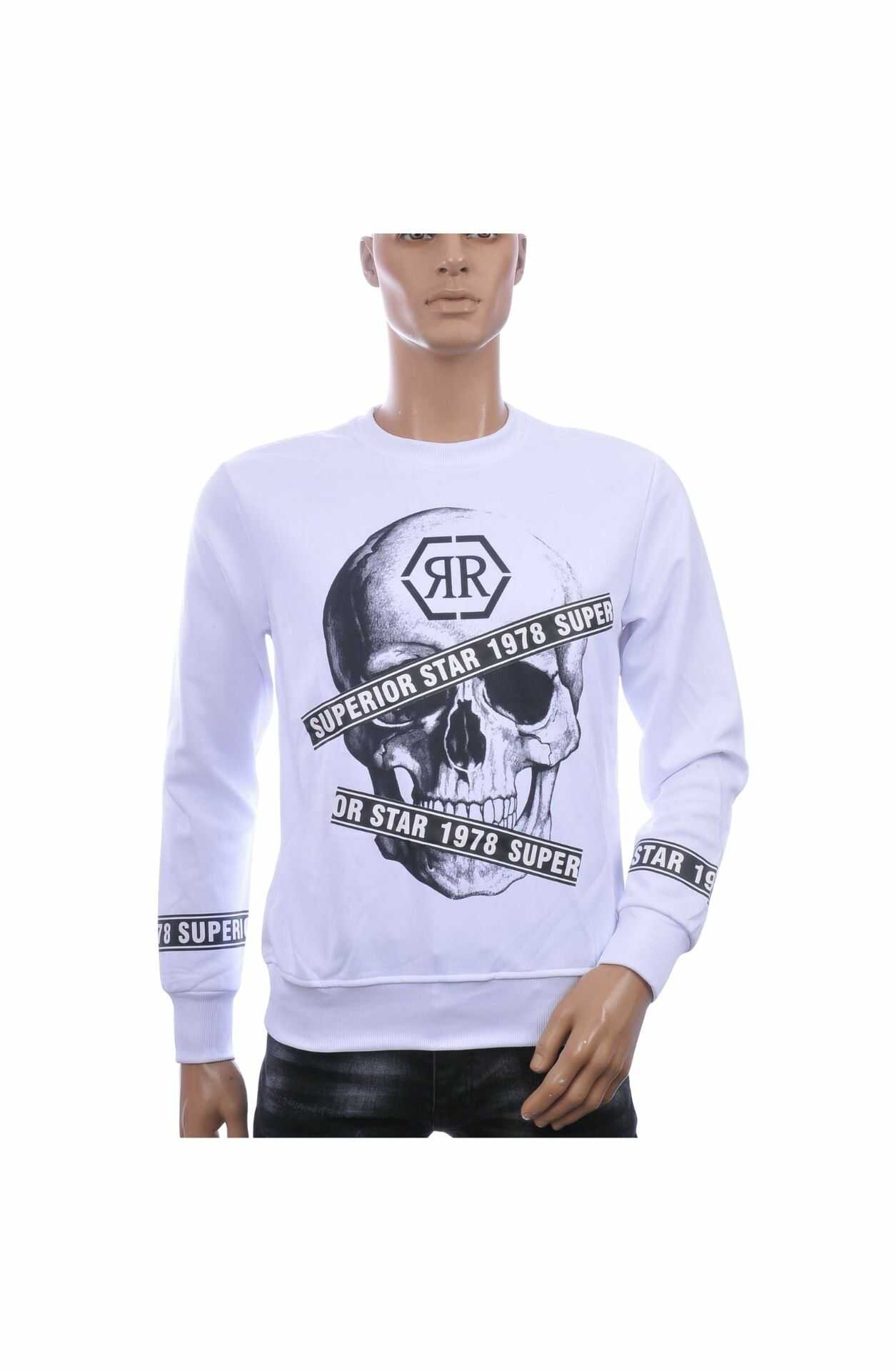 FLEX-STYLE Trendy Ronde Hals Heren Sweatshirt met Skull Print – Wit