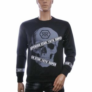 FLEX-STYLE Trendy Ronde Hals Heren Sweatshirt met Skull Print – Zwart