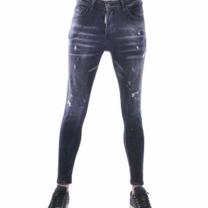 ICON2 Slim Fit Stretch Gescheurde Heren Jeans met Verfspatten – Zwart