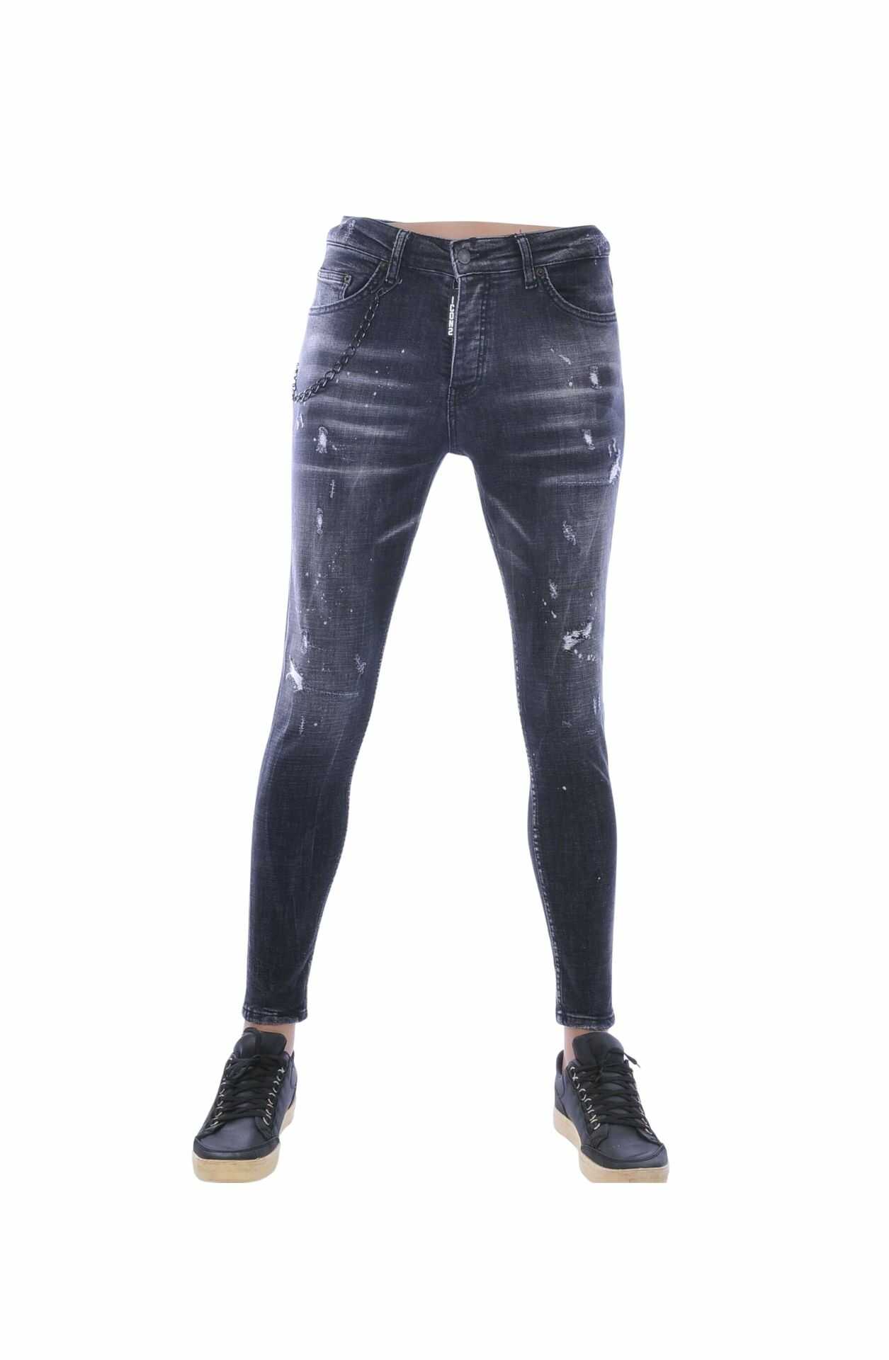 ICON2 Slim Fit Stretch Gescheurde Heren Jeans met Verfspatten – Zwart