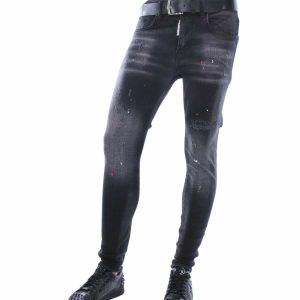 ICON2 Slim Fit Stretch Gescheurde Heren Jeans met Verfspatten – Zwart