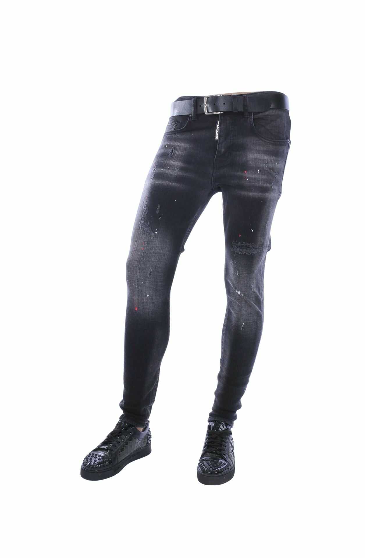 ICON2 Slim Fit Stretch Gescheurde Heren Jeans met Verfspatten – Zwart