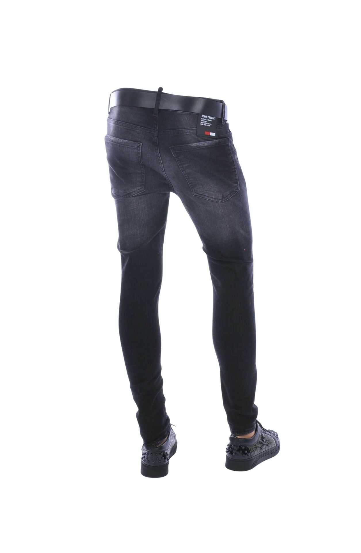 ICON2 Slim Fit Stretch Gescheurde Heren Jeans met Verfspatten – Zwart