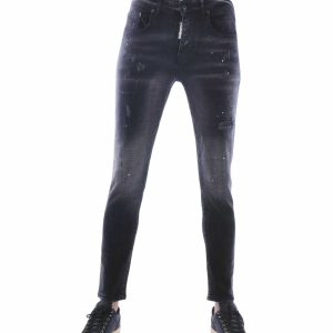 ICON2 Slim Fit Stretch Gescheurde Heren Jeans met Verfspatten – Zwart