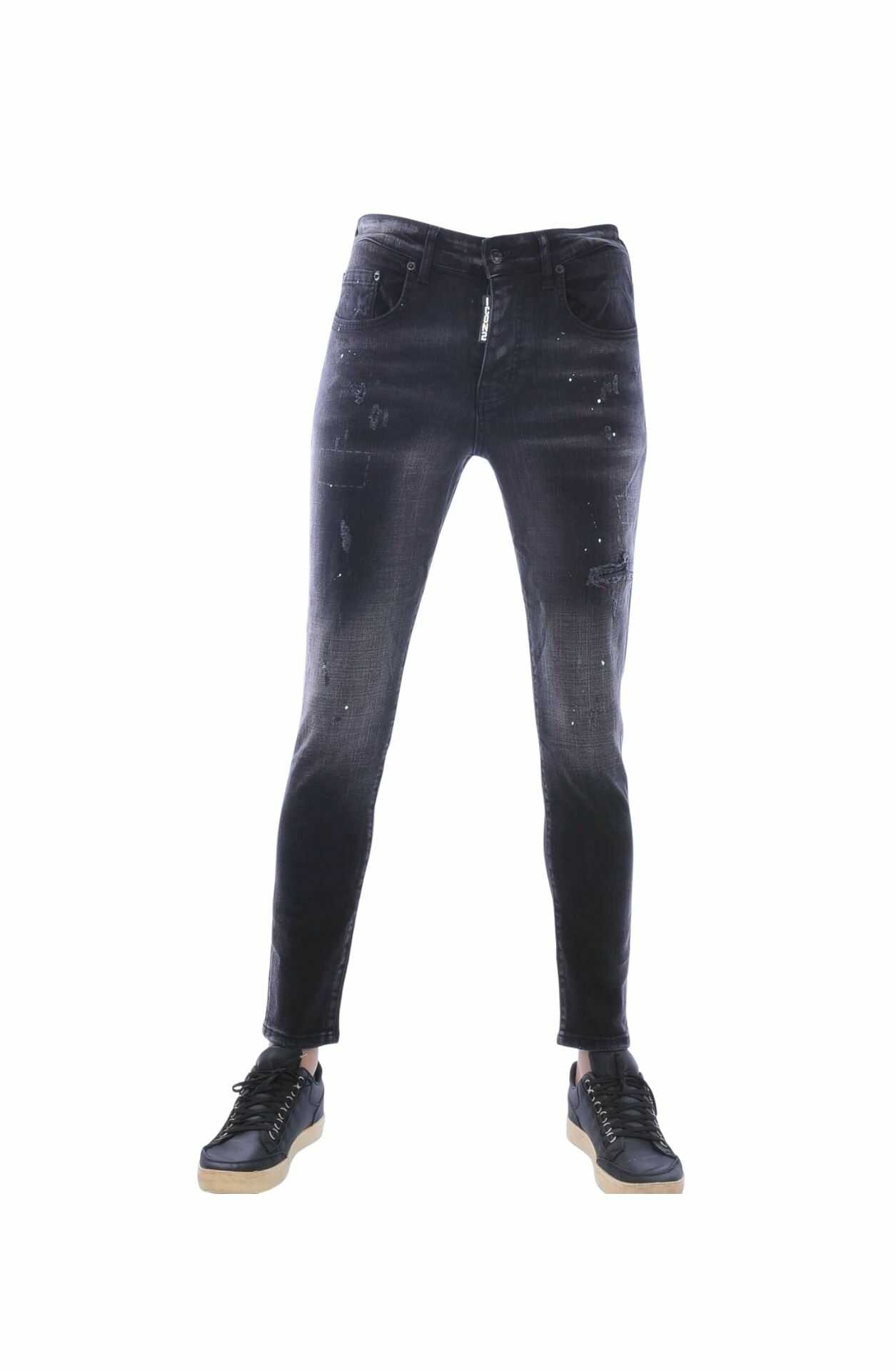 ICON2 Slim Fit Stretch Gescheurde Heren Jeans met Verfspatten – Zwart