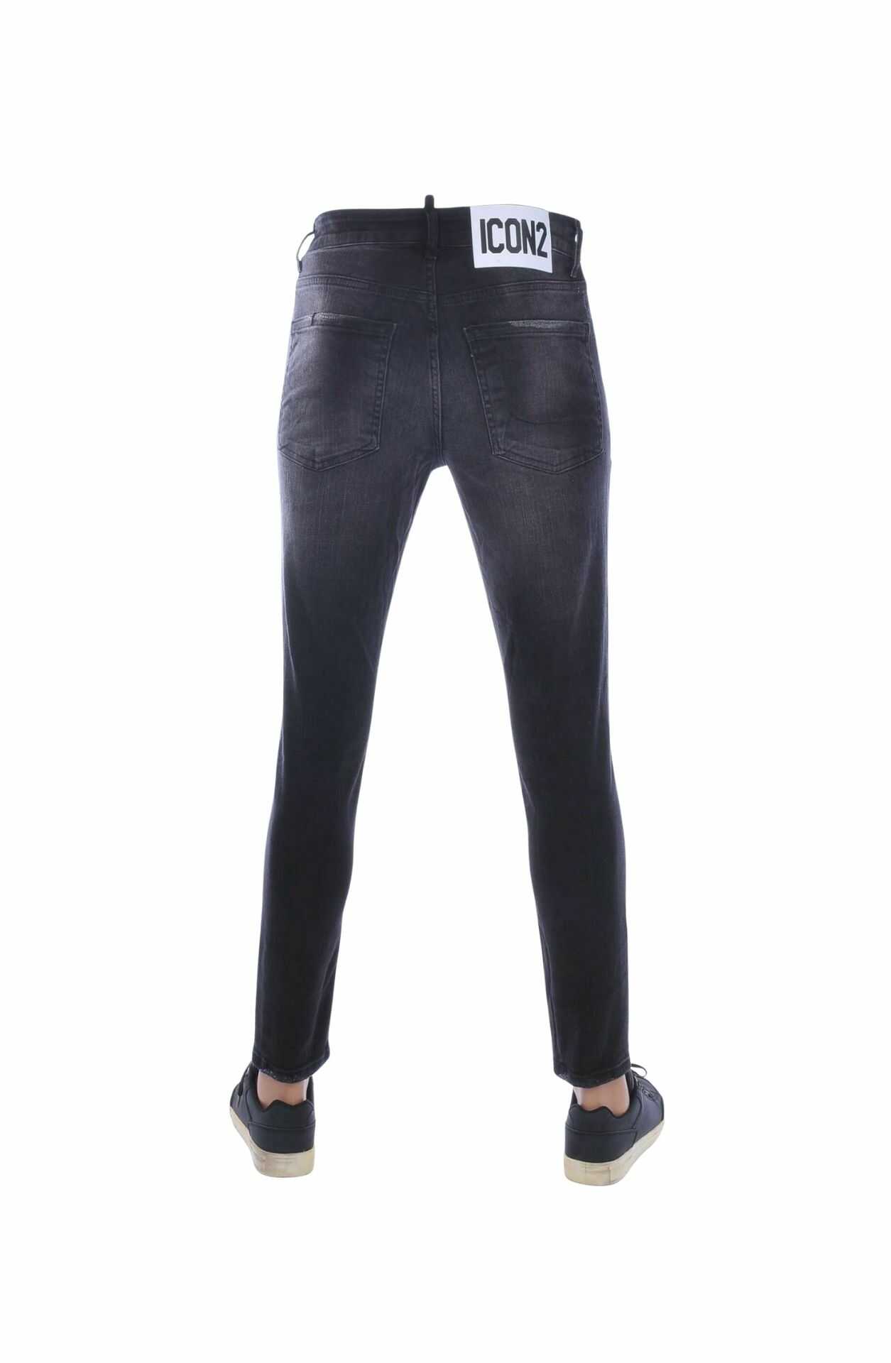 ICON2 Slim Fit Stretch Gescheurde Heren Jeans met Verfspatten – Zwart