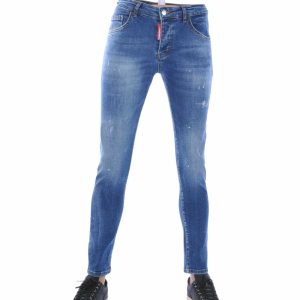 ICON2 Trendy Slim Fit Stretch Gescheurde Heren Jeans met Verfspatten – Lichtblauw