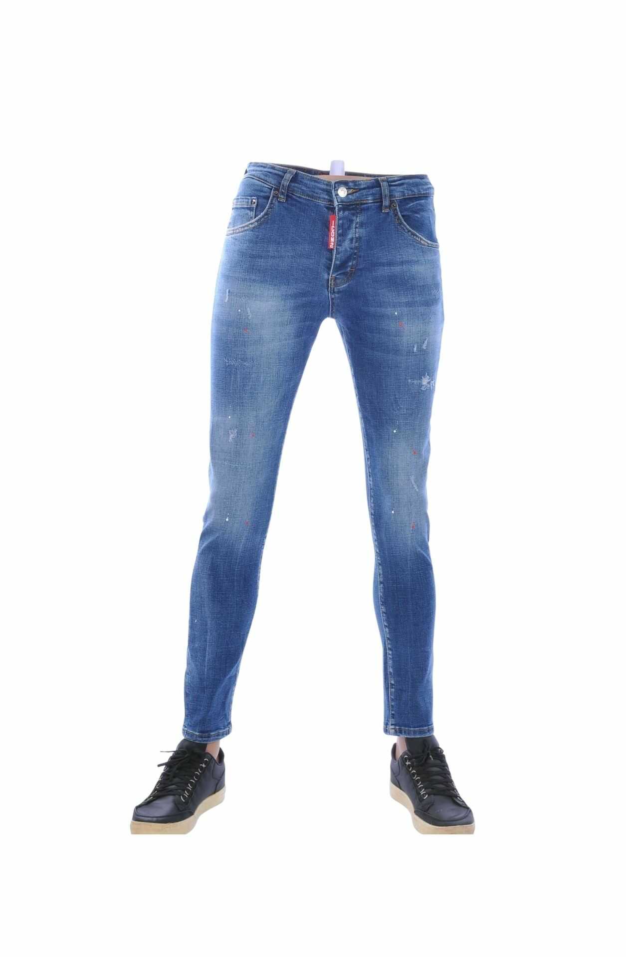 ICON2 Trendy Slim Fit Stretch Gescheurde Heren Jeans met Verfspatten – Lichtblauw