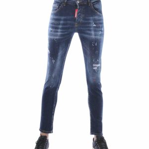 ICON2 Trendy Slim Fit Stretch Gescheurde Heren Jeans met Verfspatten – Donkerblauw