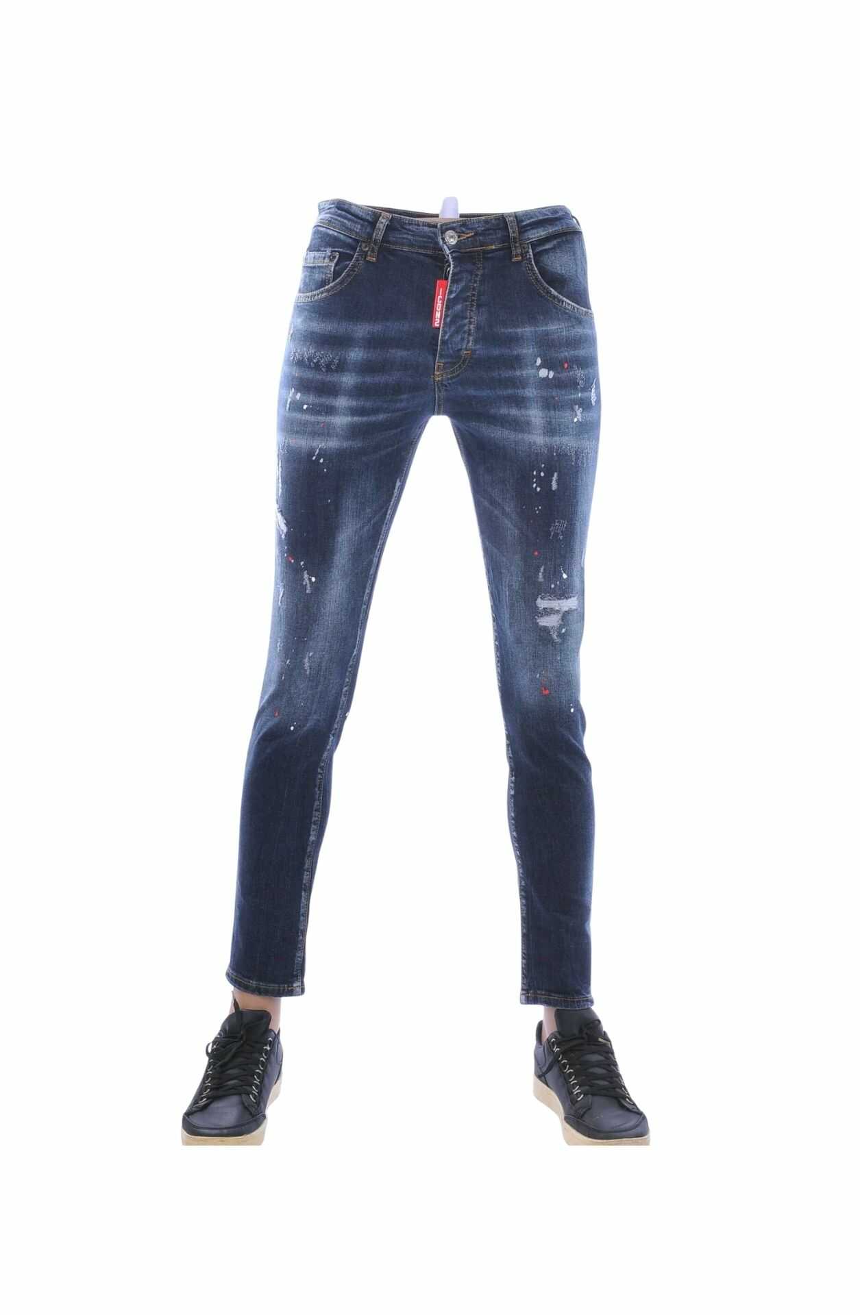 ICON2 Trendy Slim Fit Stretch Gescheurde Heren Jeans met Verfspatten – Donkerblauw