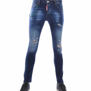 ICON2 Trendy Slim Fit Stretch Gescheurde Heren Jeans met Verfspatten – Blauw