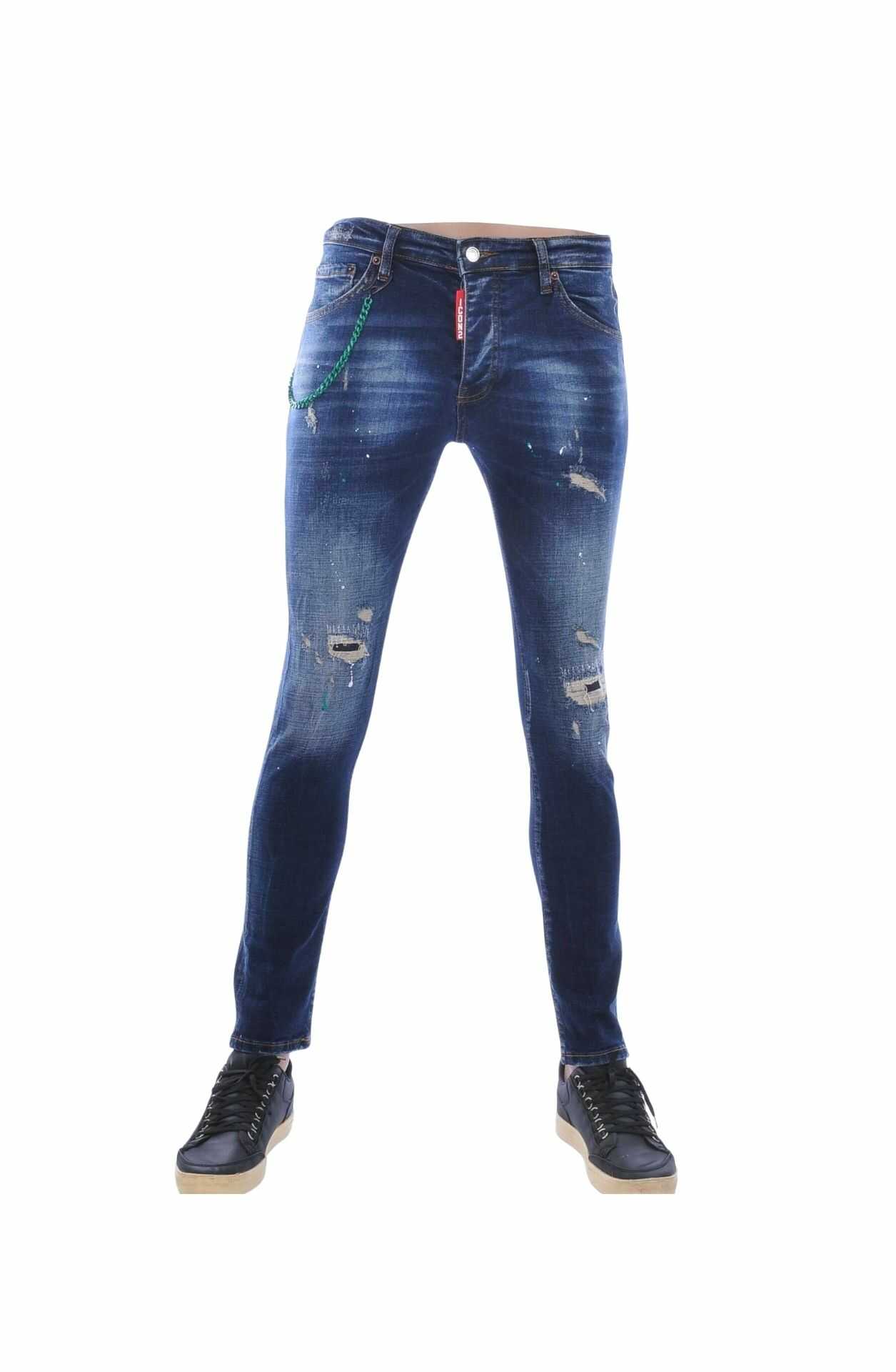 ICON2 Trendy Slim Fit Stretch Gescheurde Heren Jeans met Verfspatten – Blauw