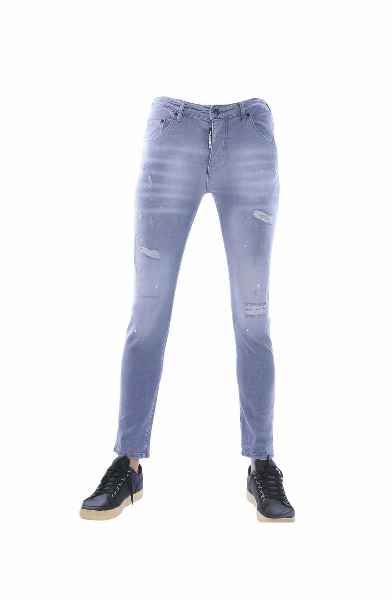 ICON2 Trendy Slim Fit Stretch Gescheurde Heren Jeans met Verfspatten – Grijs
